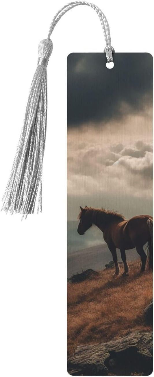 Horse Grazing on The Mountain Bookmarks Gifts for Women Men, Wooden Bookmarks for Book Lovers, Vintage Book Marks Ornaments with Tassel, Unique Personalized Reading Page Markers Gray