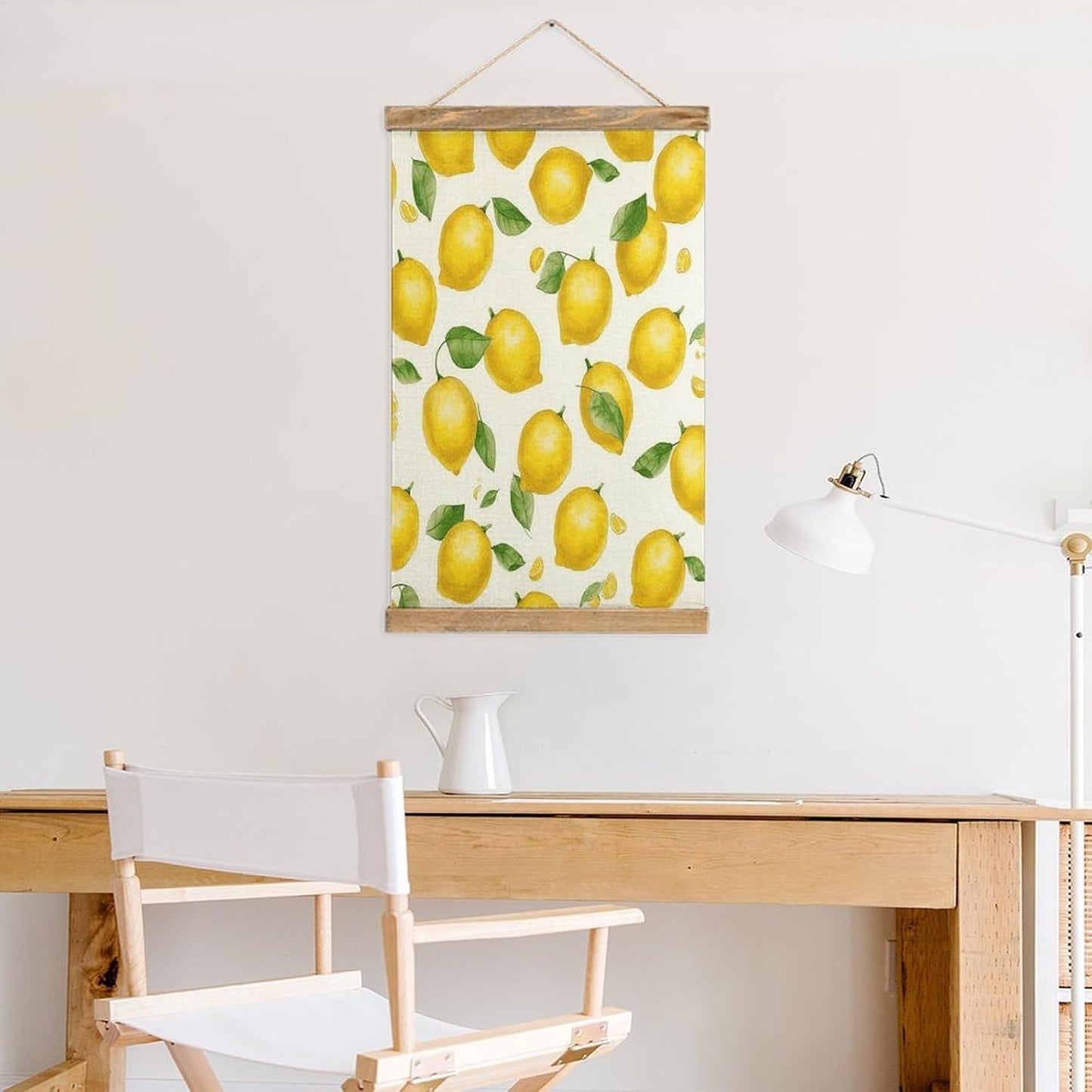 Vintage Yellow Lemon Poster with Wooden Frame Personalized Linen Hanging Scroll Painting Rustic Wall Hanging Illustrative Modern Artwork Decor for Home Living Room Bedroom Office
