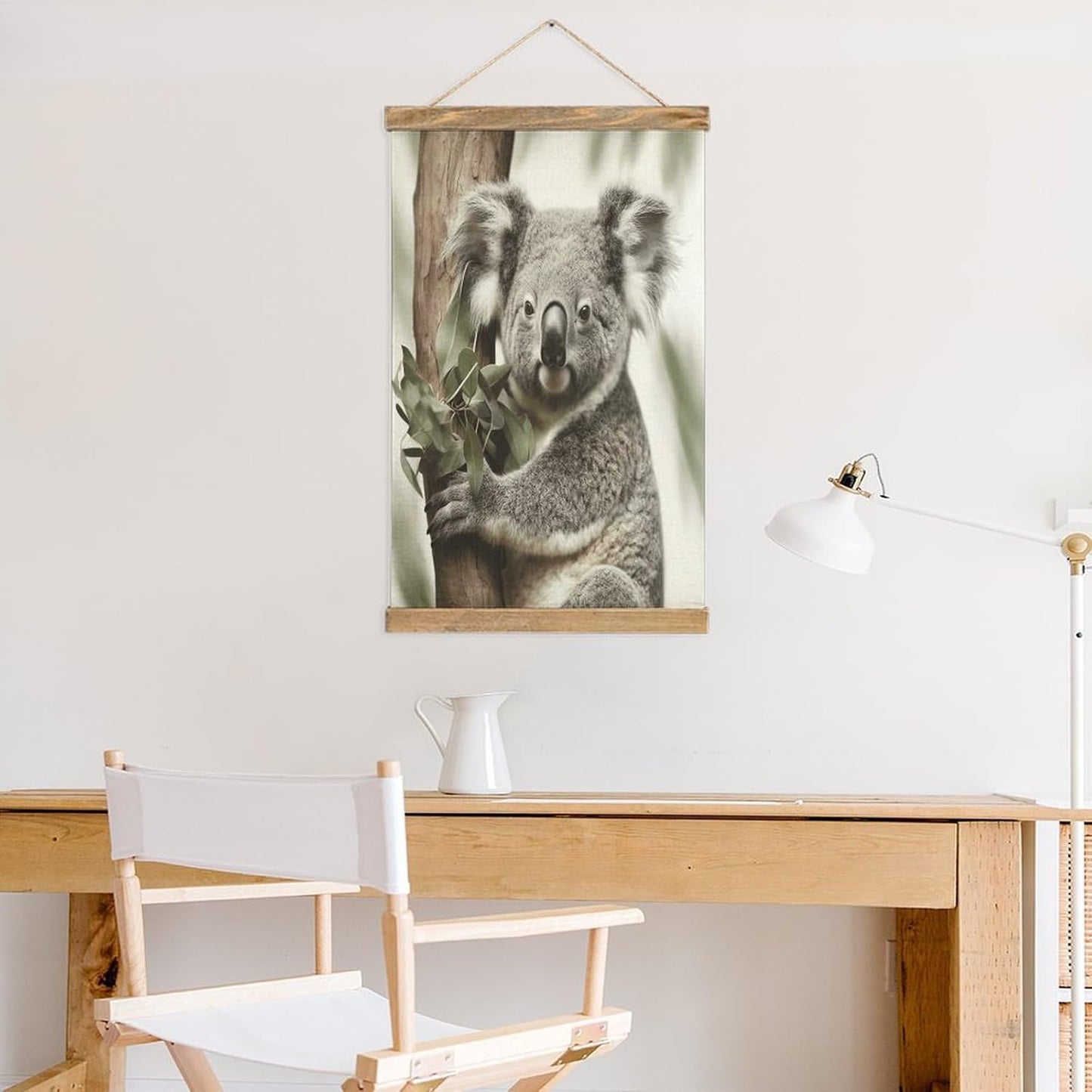 Vintage Koala Poster with Wooden Frame Personalized Linen Hanging Scroll Painting Rustic Wall Hanging Illustrative Modern Artwork Decor for Home Living Room Bedroom Office