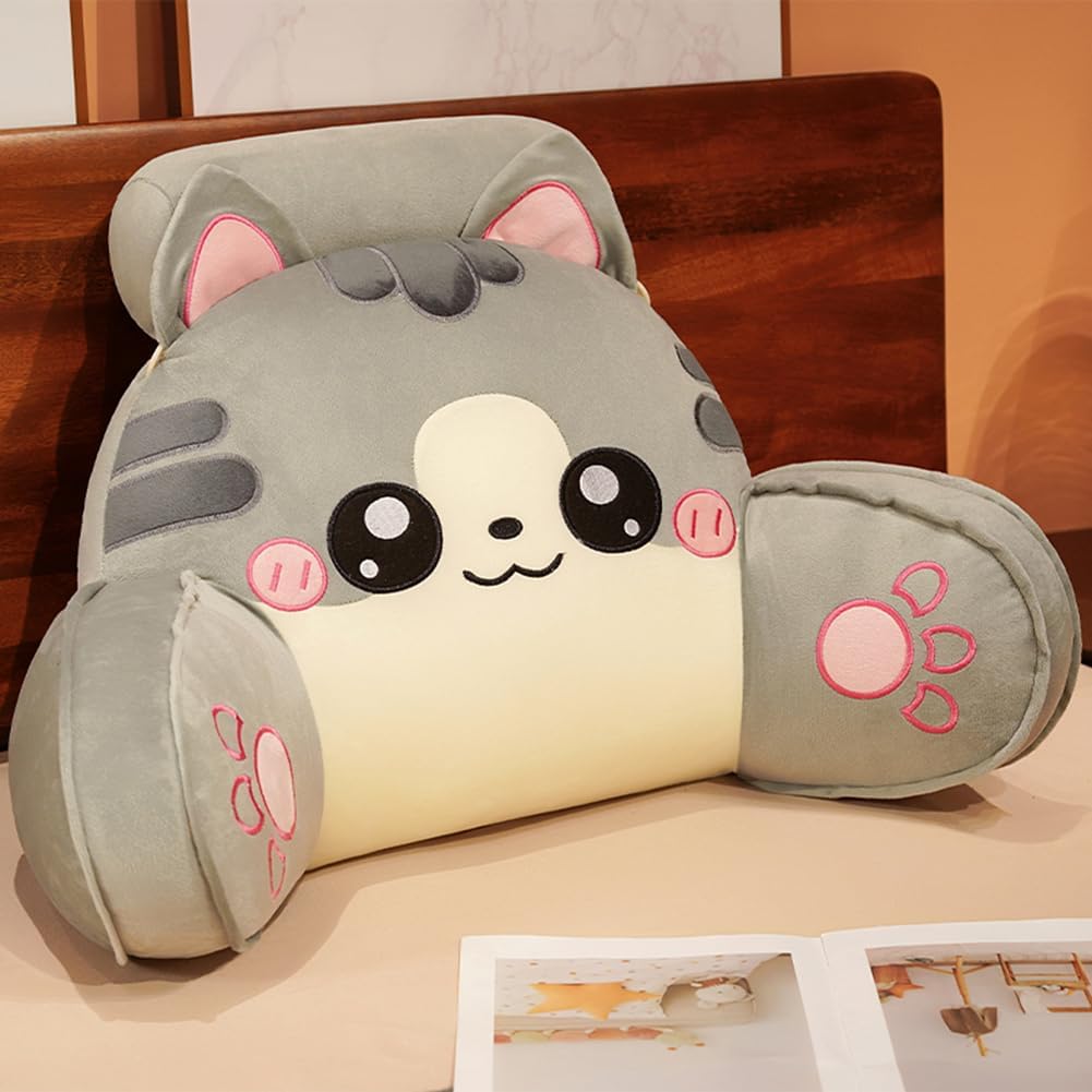 Cute Cat Bed Backrest Pillow with Arms Sofa Rest Reading Pillow Office Chair Lumbar Support Pillow with Neck Bolster (Gray, 70×50CM/27.56"×19.7"(for Bed))
