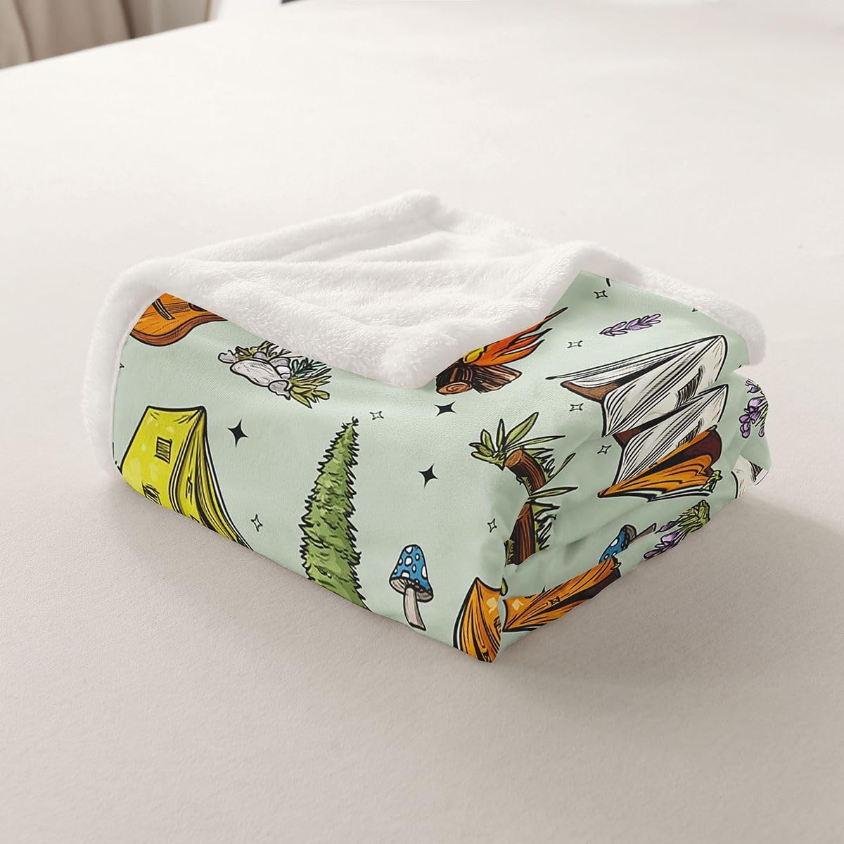 Feelyou Green Camping Camper Sherpa Throw Blanket for Couch Campfire Music Guitar Super Soft Cozy Fleece Happy Camping Blanket for Winter, Plush Throw Throw 50"x60" All Season