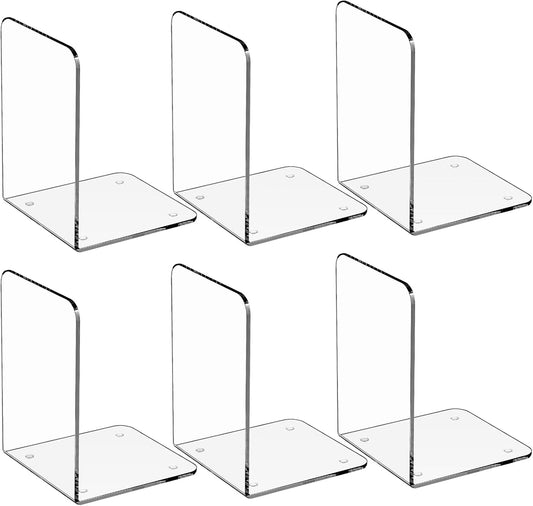 MaxGear Acrylic Bookends - Clear Decorative Heavy Duty Non-Skid Book Stoppers (6 Pieces, Large)