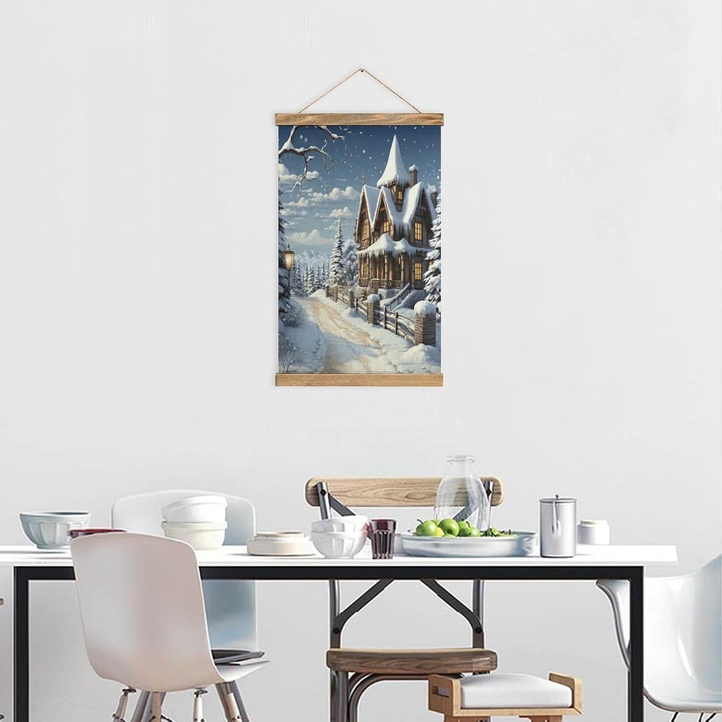 Vintage Christmas Winter Happy Scene Poster with Wooden Frame Personalized Linen Hanging Scroll Painting Rustic Wall Hanging Illustrative Modern Artwork Decor for Home Living Room Bedroom Office