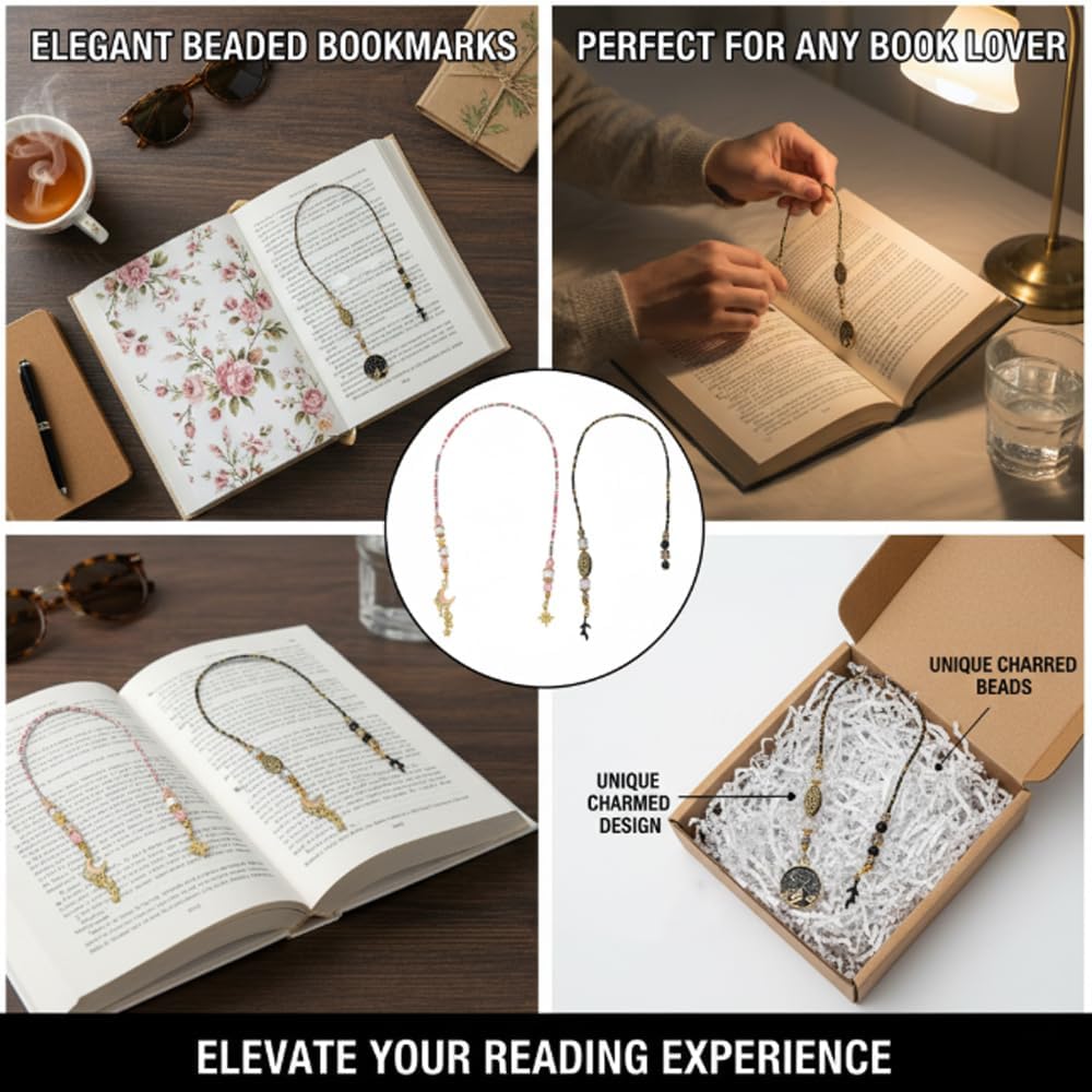 2 pcs Moon Star Beaded Bookmark with Fantasy Crystal Beads, Gold Chain, Reading Book Accessories for Men Women, Bookish Gift for Book Lovers Students Teachers, 17.7 Inches