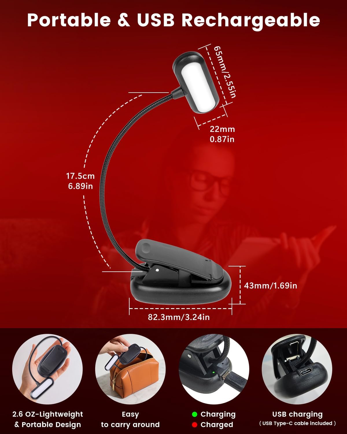 670nm Red Light Book Light for Reading in Bed, Dimmable USB Rechargeable Clip On Red Night Light for Sleep,Eye Comfort, Adjustable Brightness,Portable Booklight with Memory Function