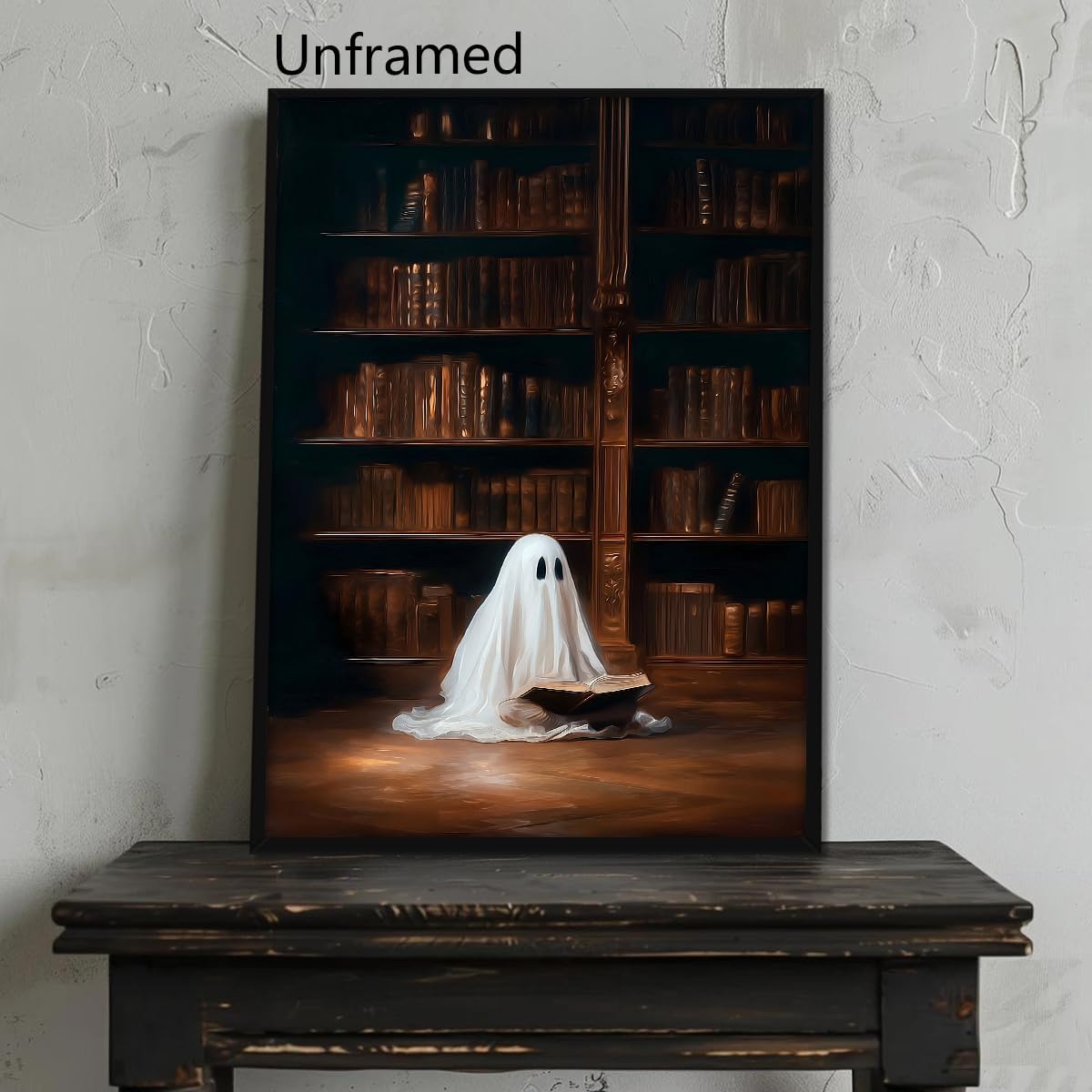 Venphude Halloween Canvas Wall Art, Ghost Reading A Book Front The Bookshelf Aesthetic Poster, Dark Academia Home Library Print, Spooky Gothic Wall Decor for Reading Nook 8x12in Unframed