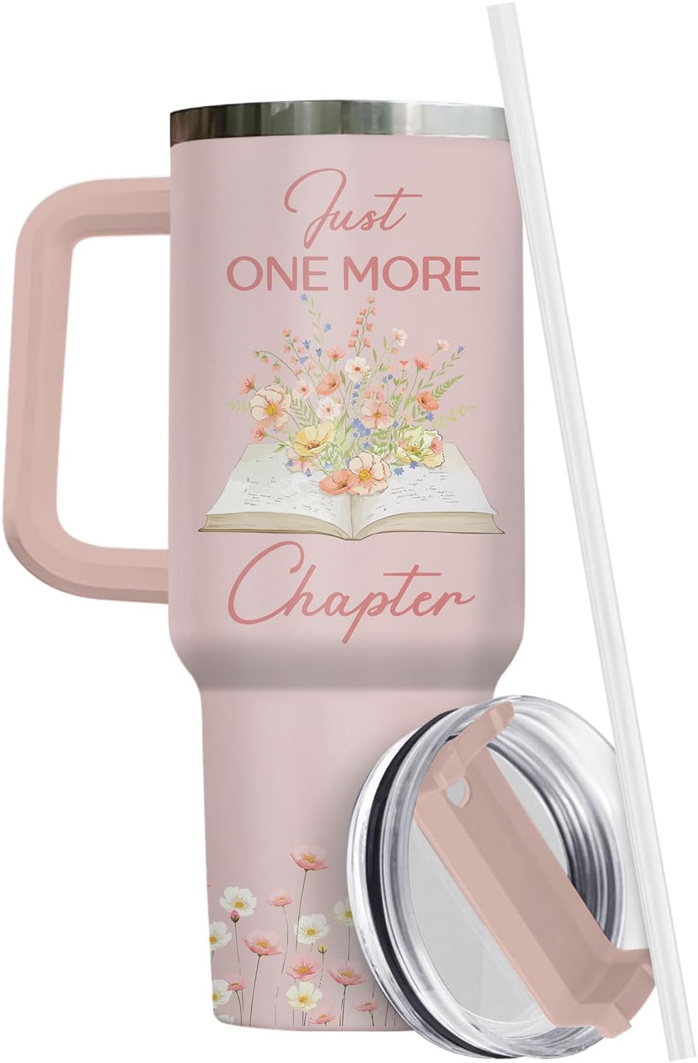 34HD Book Lover Gifts for Women 40 oz Tumbler with Handle - I Have No Shelf Control Funny Pun - Just One More Chapter Floral Travel Mug - Birthday Gift for Her