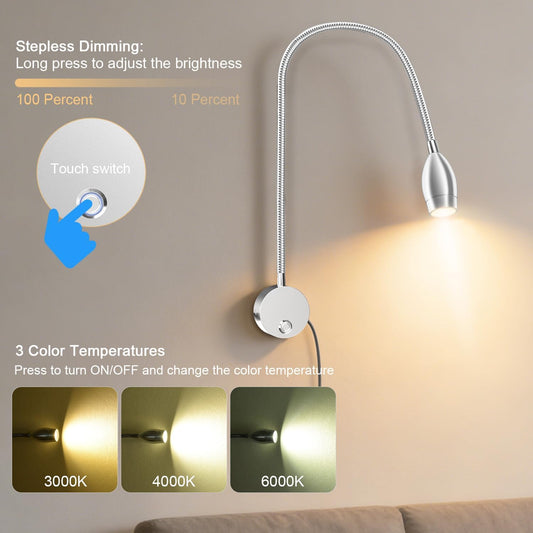 Wall Mounted LED Reading Light with 360° Flexible Gooseneck, Dimmable Bedside Reading Lights for Books In Bed, Plug In Headboard Night Lights, Eye-Caring, 3 Colors Temperature, Touch Control-2 Pack