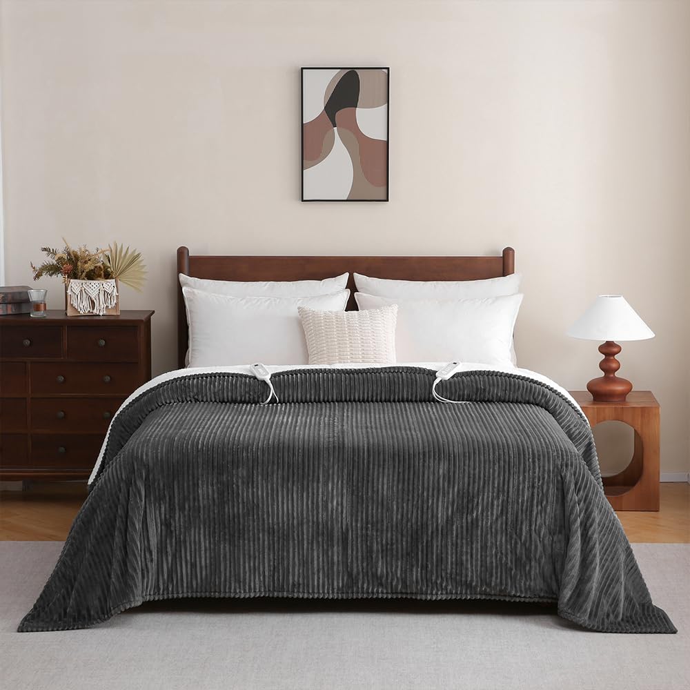 Sheet&Joy Heated Blanket Electric Grey Throw - 50"x60" Heating Blanket Throw 1/2/4/6/8 Hours Auto-Off 8 Heat Level Over-Heat Protection Ribbed Flannel Sherpa Electric ETL Certification