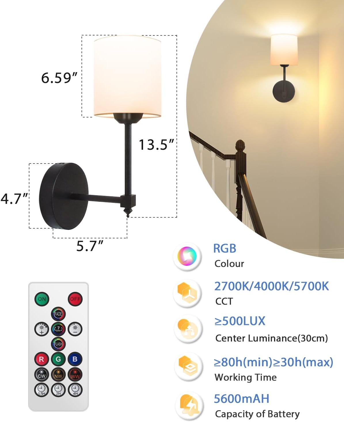 Adetu Wall Lights Battery Operated Wall Sconces Set of 2, 5CCT Black Rechargeable Wall Lamp with Remote & Bulbs,10 RGB Dimmable Colors Wireless Wall Sconces for Bedroom Living Room Hallway