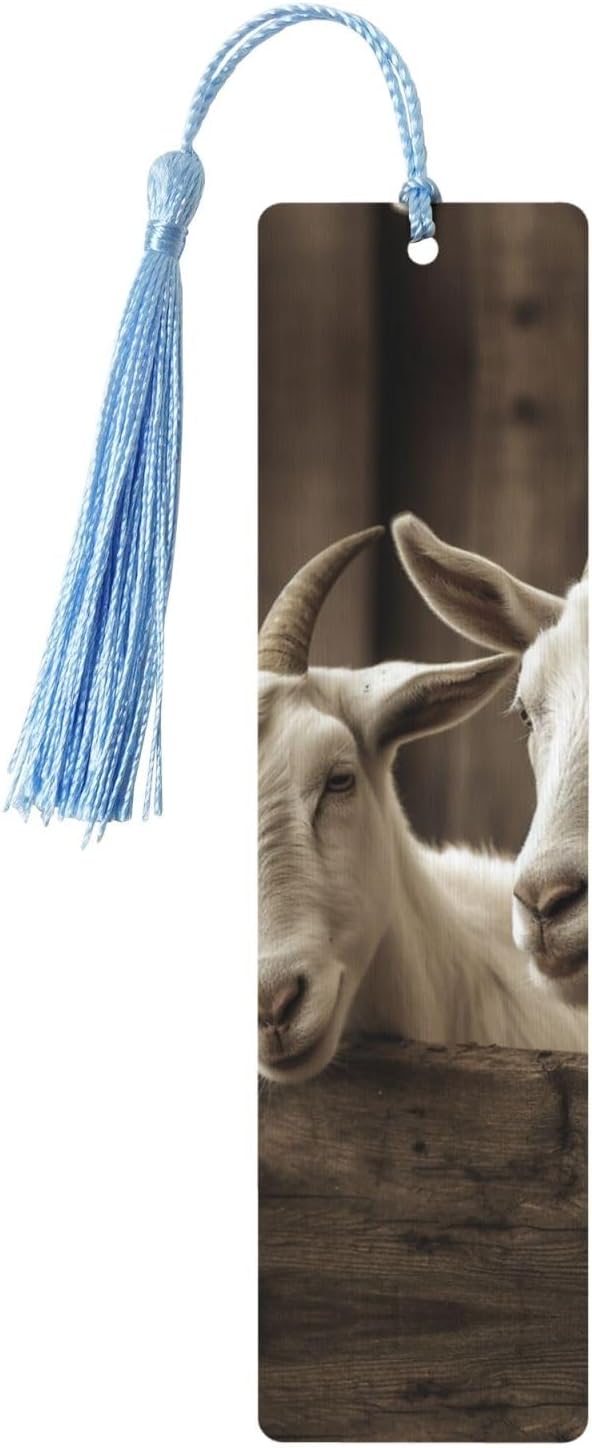 White Goat Bookmarks Gifts for Women Men, Wooden Bookmarks for Book Lovers, Vintage Book Marks Ornaments with Tassel, Unique Personalized Reading Page Markers Sky Blue