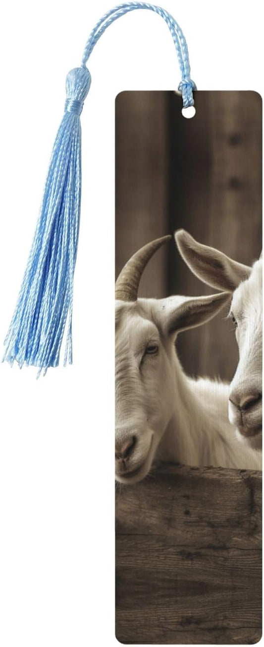 White Goat Bookmarks Gifts for Women Men, Wooden Bookmarks for Book Lovers, Vintage Book Marks Ornaments with Tassel, Unique Personalized Reading Page Markers Sky Blue