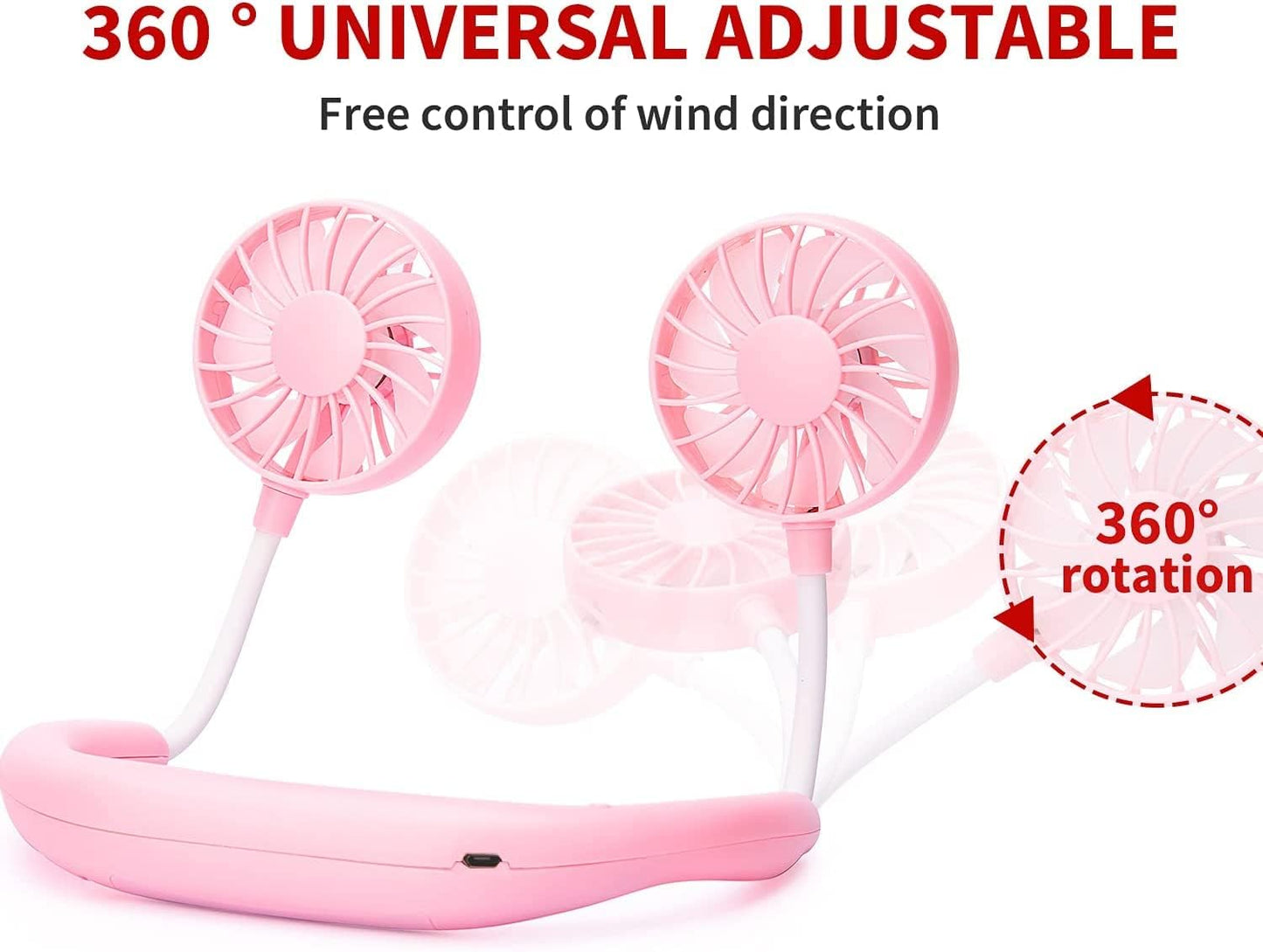 Portable Neck Fan Rechargeable Personal Hand-Free Fan Mini USB Wearable Neckband Sport Fan, 3 Speed Adjustable, 360 Degrees Free Rotation Perfect for Working, Traveling,Office, Reading (Blue Pink)