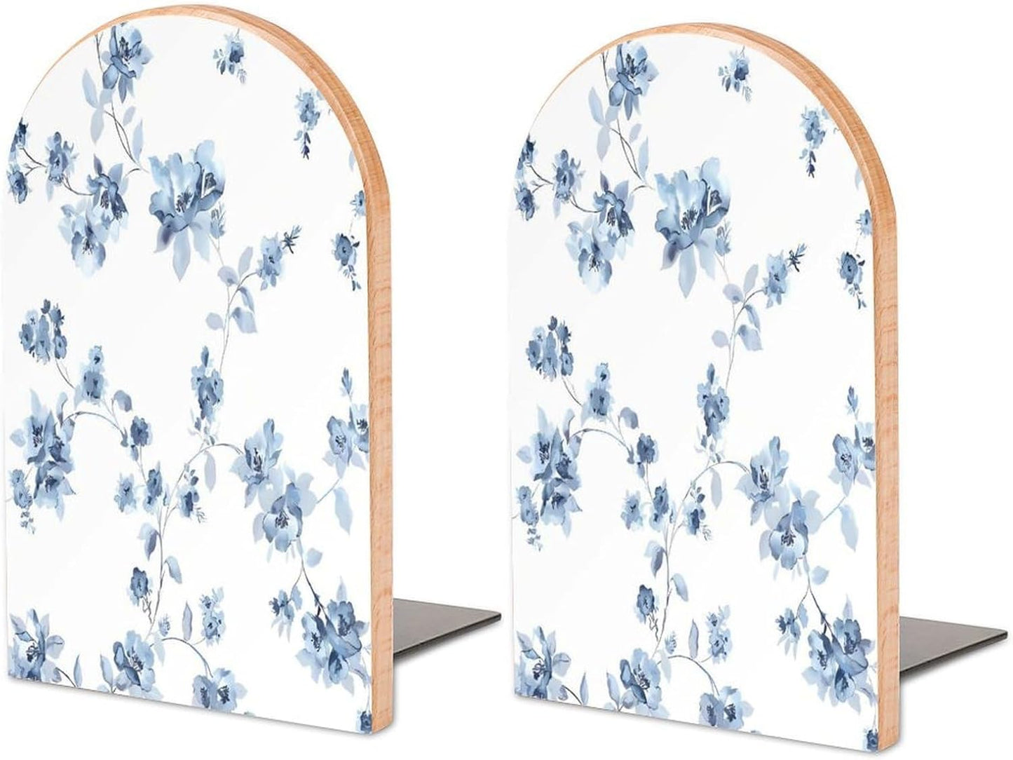 Blue Flower Floral Pattern Roses Wooden Bookend Non-Slip Book Ends Heavy Duty Book Stopper with Metal Base Books Holderd Decorative Bookends Stands Firmly for Office Supplies