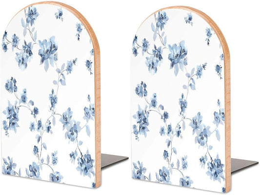 Blue Flower Floral Pattern Roses Wooden Bookend Non-Slip Book Ends Heavy Duty Book Stopper with Metal Base Books Holderd Decorative Bookends Stands Firmly for Office Supplies