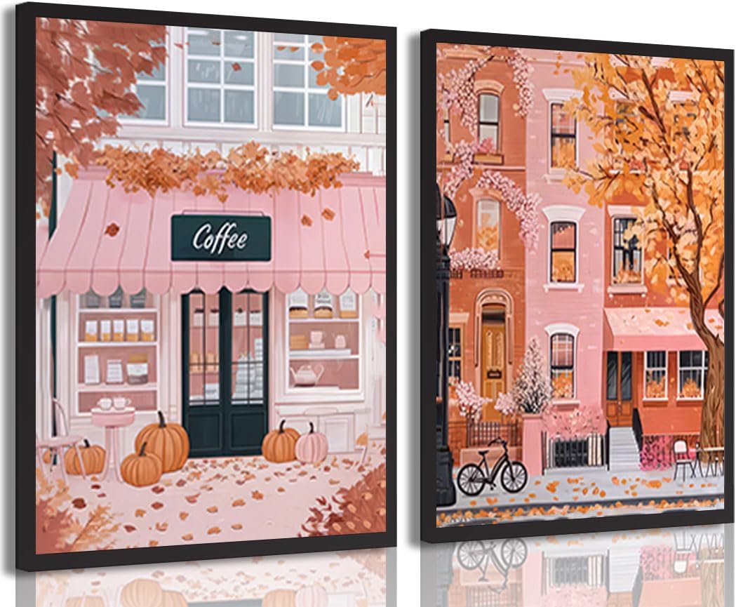 Fyivod 2pcs Autumn Pink Coffee Tea Shop Poster Wall Art Retro Pumpkin Spice Painting Picture Wall Decor Autumn Landscape Painting Print Artwork for Kitchen Bedroom Cafe Home Decoration 12x16in