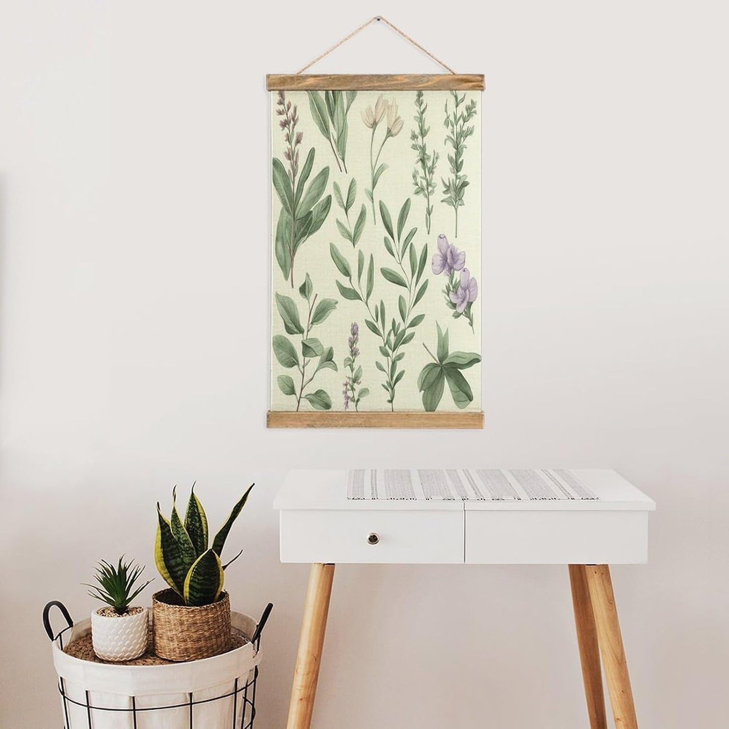 Vintage Green Flower Herb Sage Leaves And Branches Poster with Wooden Frame Personalized Linen Hanging Scroll Painting Rustic Wall Hanging Illustrative Modern Artwork Decor for Home Living Room Bedroo