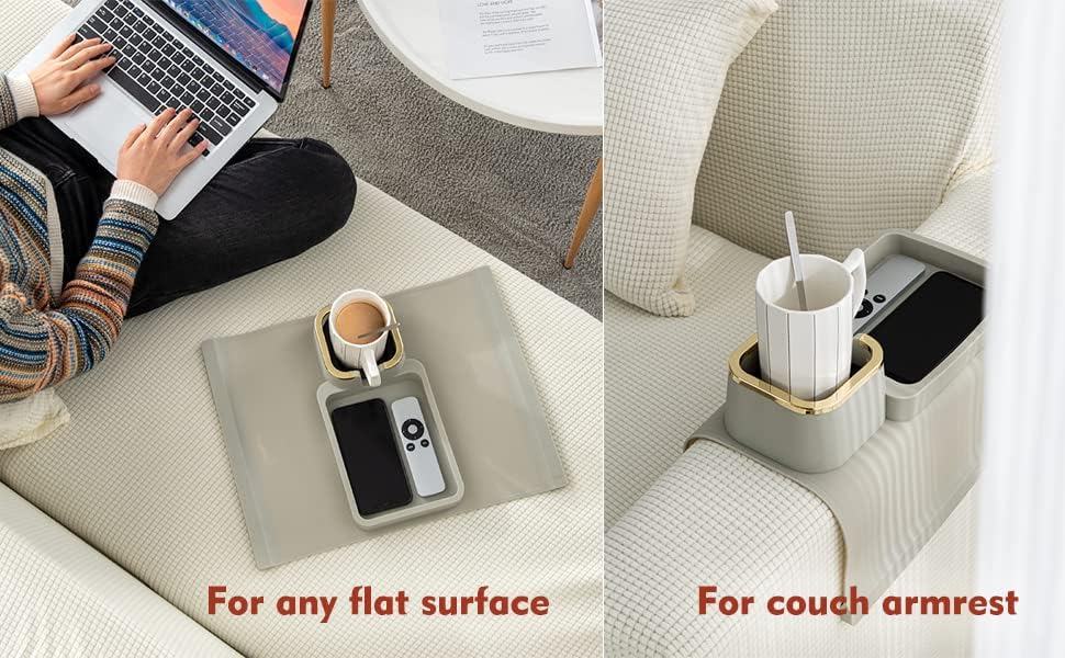 Couch Cup Holder Tray, Elimiko Silicone Anti-Spill and Anti-Slip Couch Drink Holder, Strong and Weighted Phone/Remote/Snacks Sofa Cup Holder (Black)