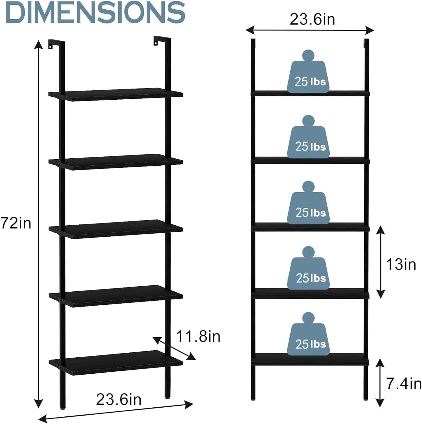 aboxoo Ladder Shelf 2PCS Open Bookshelf 5-Tier Wood Wall-Mounted Black Bookcase Storage Rack Open Industrial Modern Plant Stand Utility Organizer Bookcase Metal Frame Furniture Office Kitchen Bedroom