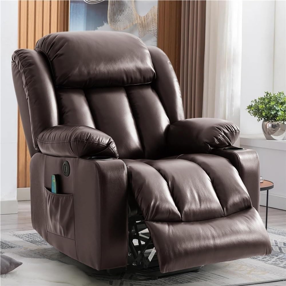 Power Lift Recliner Chair for Elderly, Heavy Duty Electric Massage Sofa with Heat & Vibration, Breathable PU Leather Reclining Seat, 2 Cup Holders, USB Ports, Side Pockets