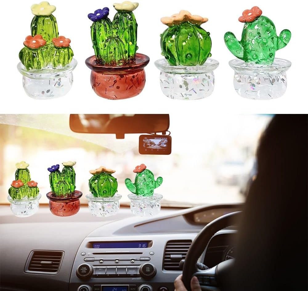 4Pcs Mini Cactus Figurines Ornaments Desktop Craft Car Inner Ornaments Adornment Cute Miniature Plant for Home Office Decoration(4Pcs/Set)