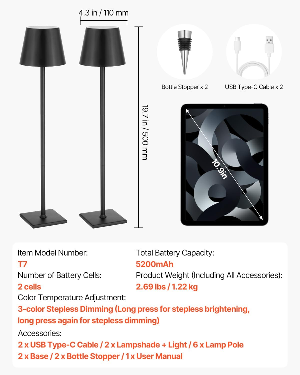 VEVOR Cordless Table Lamp, 2-Pack, 5200mAh Built-in Rechargeable Battery Desk Lamp, Stepless Dimming Up, 3 Adjustable Heights, Detachable Lampshade for Bottle, Restaurant, Bedroom, Outdoor, Black