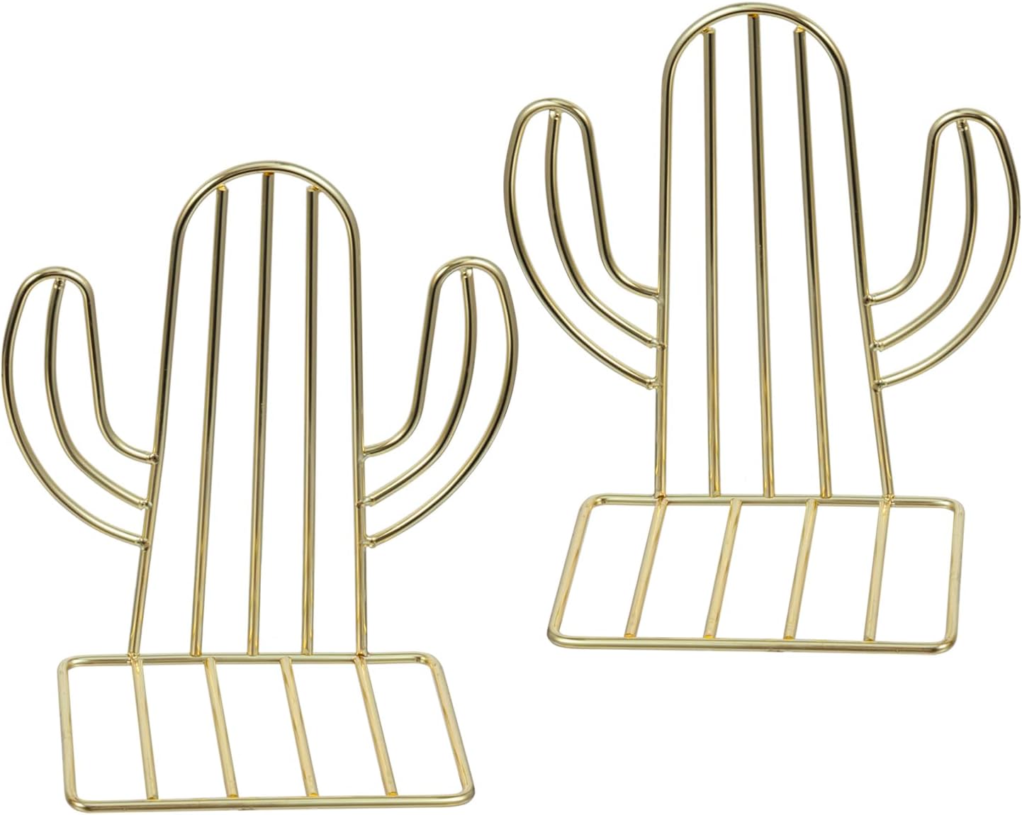 MyGift Modern Brass Tone Bookends, Southwest Desert Style Sagauro Shaped Decorative Book Ends Stands for Home Office Desk School Bookshelf, Metal Wire Cactus Design,1 Pair