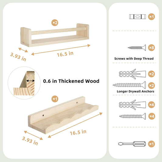 Floating Book Shelves for Wall, 16.5" Natural Wood Nursery Shelves for Book Storage, Solid Pine Wooden Floating Wall Bookshelf for Bedroom Living Room, Set of 2+1, Unfurnished - DIY