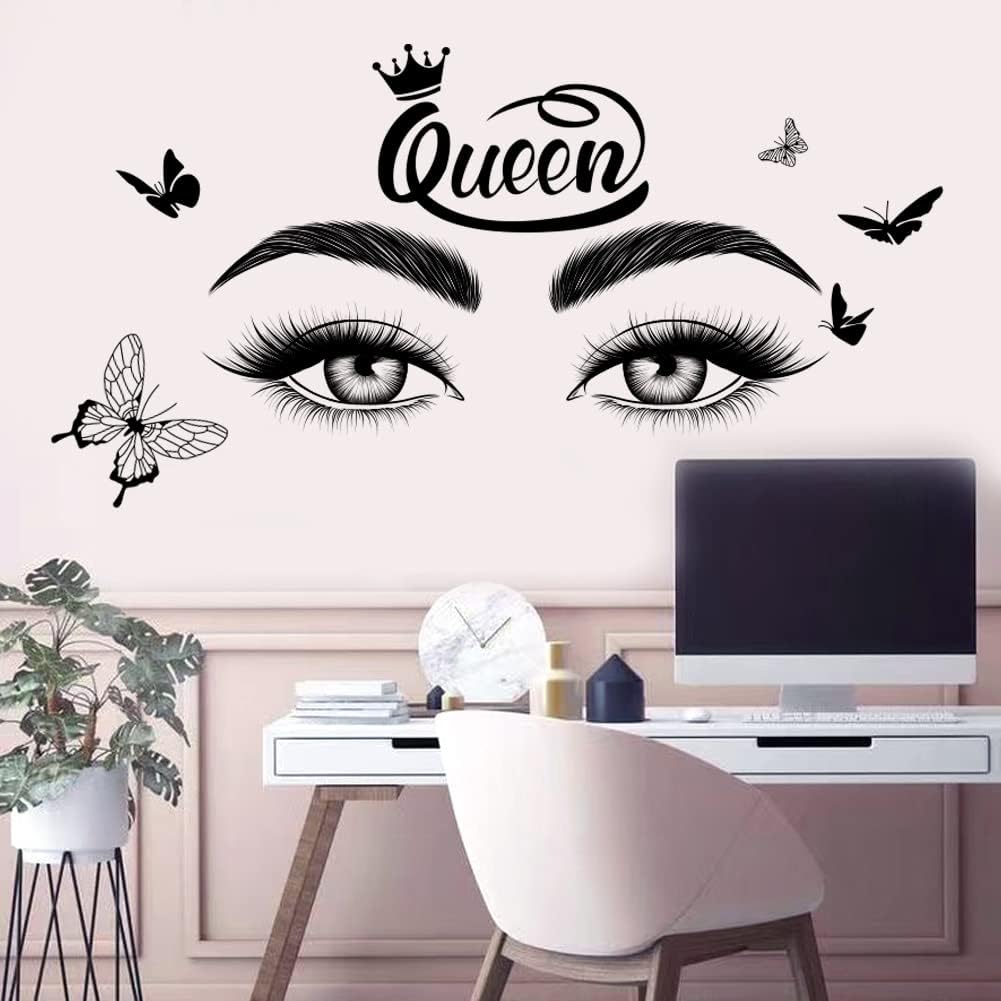 Inspirational Quotes Wall Decals Eyelash Eyes Wall Stickers Positive Lettering Saying Queen She Remembered Who She Was and the Game Changed Wall Art Sticker for Women Girls Bedroom Living Room Decor