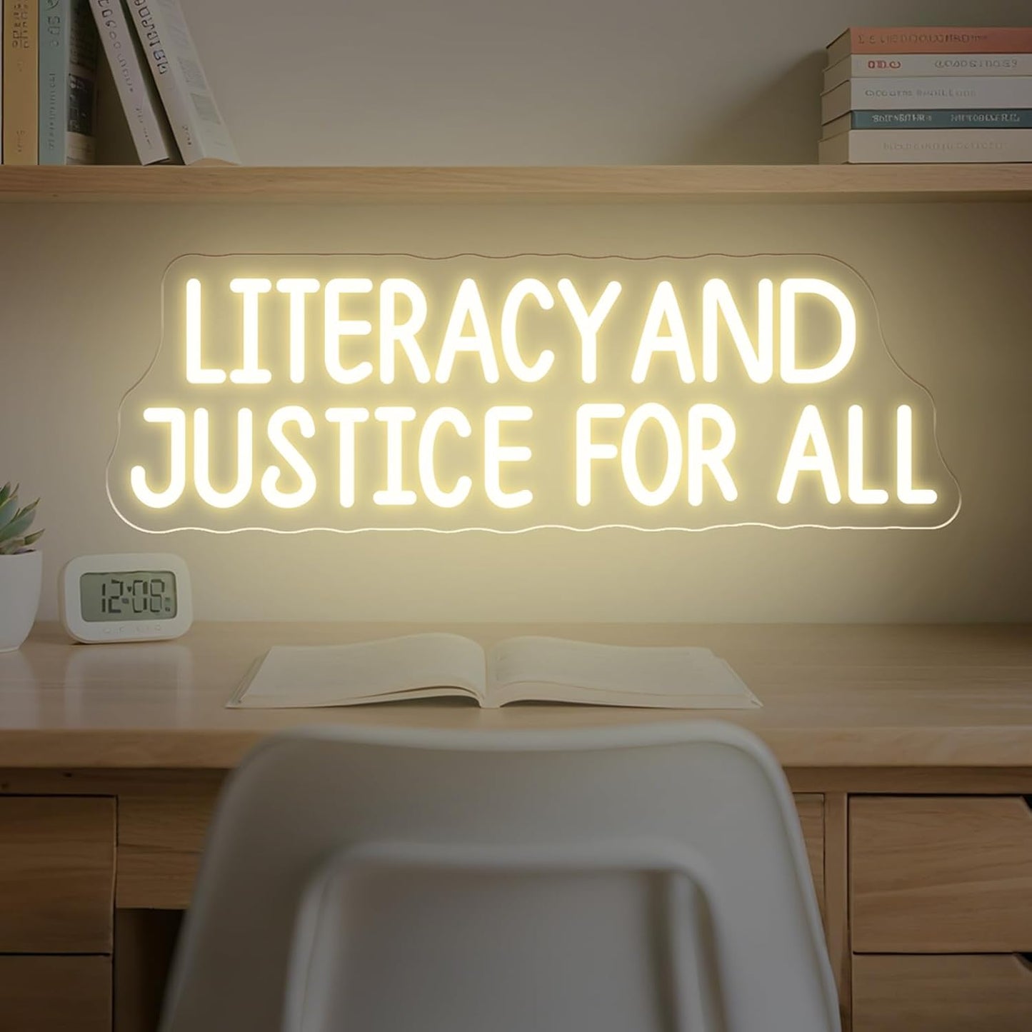 Literacy and Justice For All Neon Sign – Book Lover LED Wall Light, Reading Corner Decor, Bookshelf Display Light, Library Wall Hanging Sign, Inspirational Teacher or Student Gift 17〞× 5.3〞