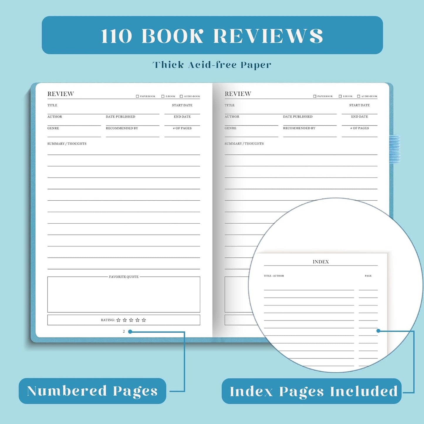 Reading Journal - Elegant Book Journal Reading Log for Reviews and Progress Tracking - Thoughtful Gift for Books Lovers & Readers - 110 Book Reviews (Ocean Blue)