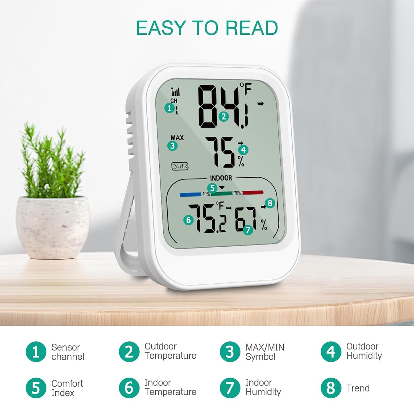 ORIA Digital Thermometer Hygrometer, Wireless Indoor Outdoor Thermometer, Temperature Humidity Monitor with MAX/MIN Record, ℃/°F Switch, Comfort and Trend Indication, for Home, Cellar, Greenhouse