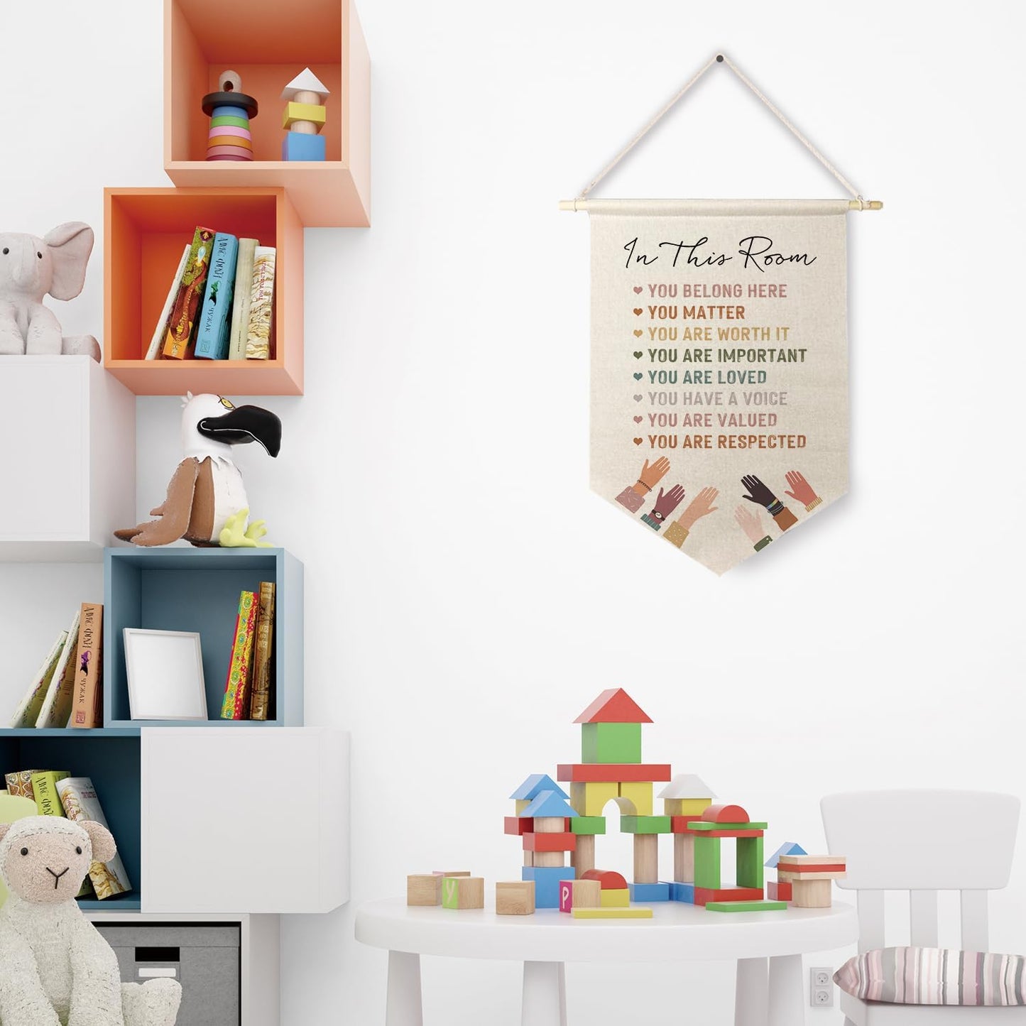 Qpenm Diversity Poster - Boho Classroom Decor, 'In This Room You Belong Here' Hanging Wall Canvas Banner, Inclusive Decor, Inspirational Pennant Flag Prints
