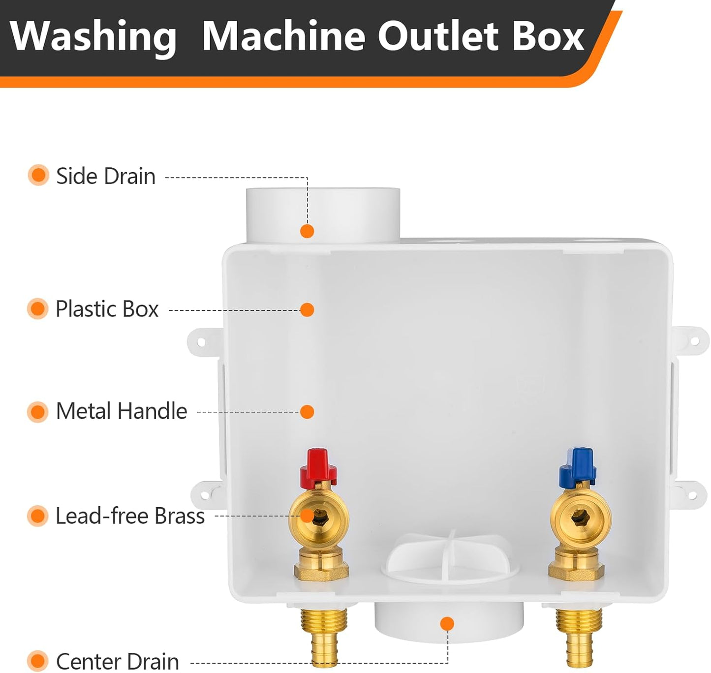1-Pack HeSun Washing Machine Outlet Box, 1/2 Inch Crimp Pex Inlet x 3/4 Inch MHT Outlet Connection, Pex Washer Laundry Box with Center Drain(WM002)
