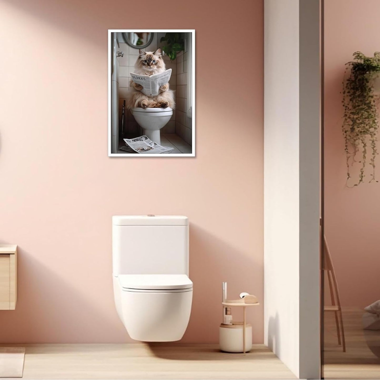 Cute Bathroom Cat Canvas Wall Art Funny Pets Cat Reading Newspaper On The Toilet Poster Funky Humorous Animal Pictures Prints Painting For Home Restroom Bathroom Wall Decor 12x16in Unframed