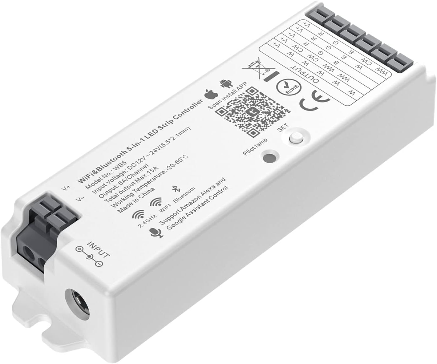 BTF-LIGHTING 5in1 WB5 2.4GHz Tuya WiFi PWM LED Controller Compatible with Alexa/Google Home/Smart Life/Tuya Smart APP Control for Dimming CCT RGB RGBW RGBCCT LED Strip Work with WR01RF WR02RF etc