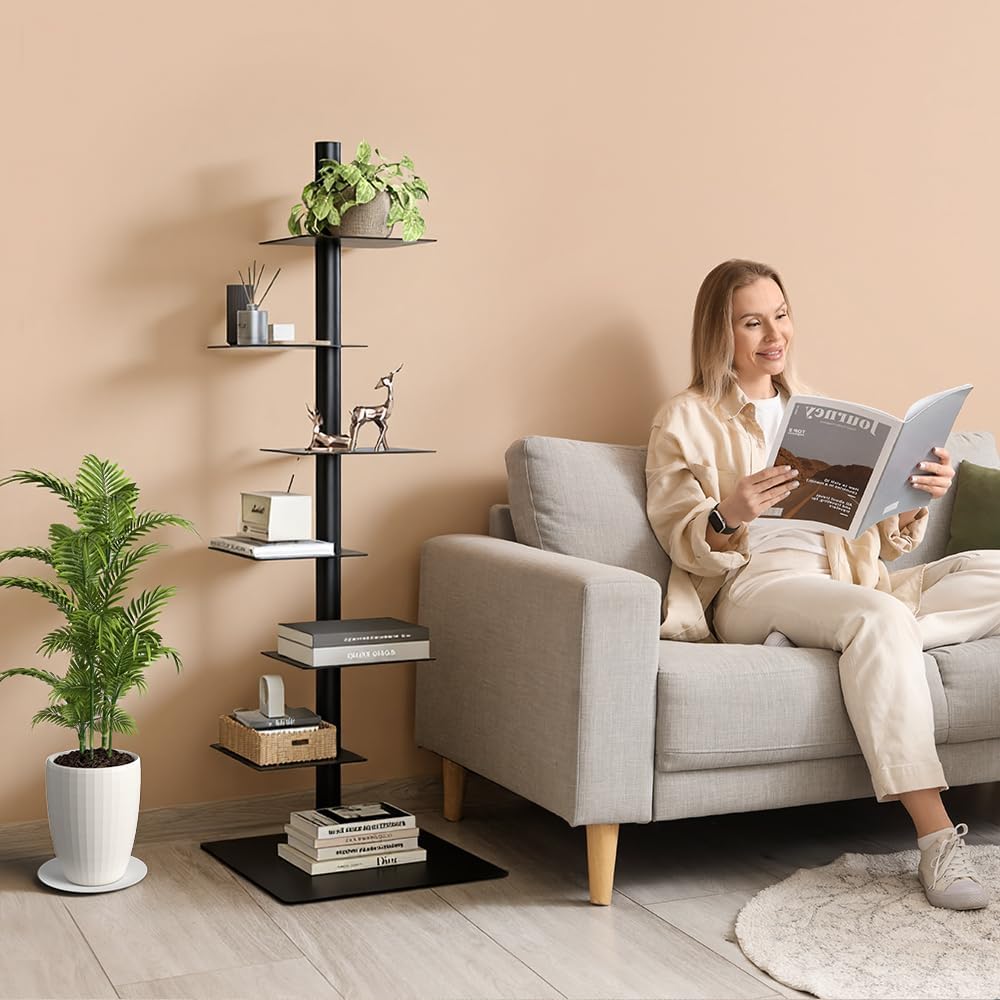 Nidouillet 6 Tier Tall Narrow Metal Bookshelf, Vertical Tower Bookcase with Adjustable Shelves, Space Saving Corner Book Shelf Storage Display Rack, Tool Free Assembly