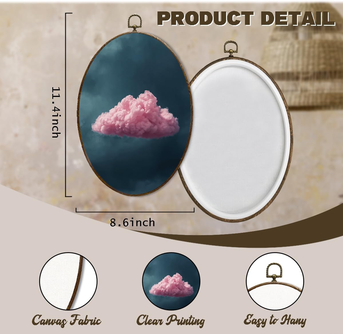LMMHIOPI Minimal Pink Cloud Oval Wall Art, Dreamy Aesthetic Sky Canvas Print Decor for Bedroom Living Room, 8.5x11.5 Inch