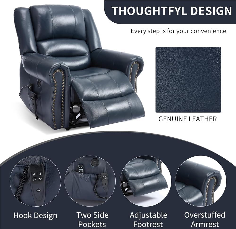 Dual Motor Power Lift Recliner with Heat Massage and Lay Flat Infinite Position Electric Chair Leather Adjustable Standing Assistance Blue Reclining Sofa for Elderly