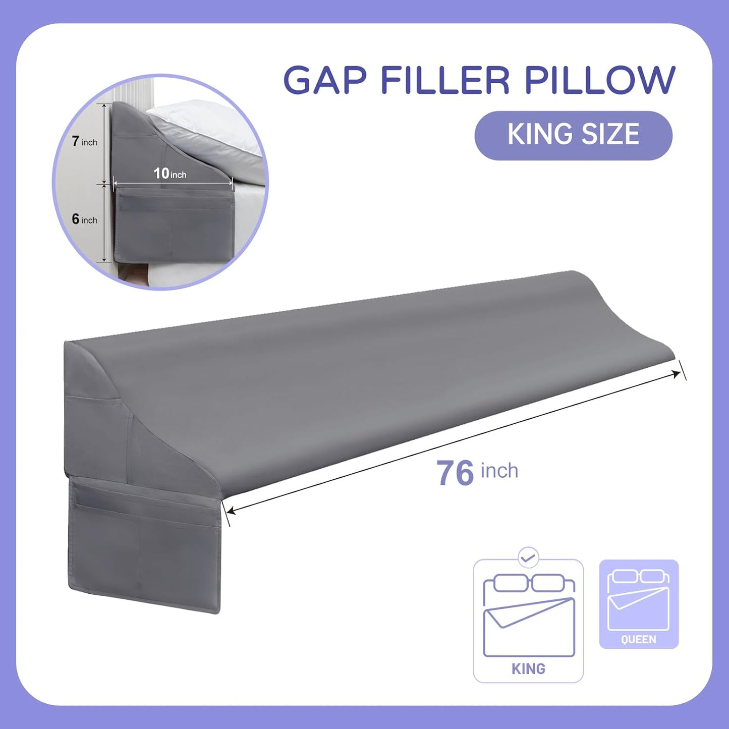 Vekkia King Size Bed Wedge Pillow for Headboard/Bed Wedge Gap Filler/Mattress Gap Filler/Wedge Pillow Headboard to Close The Gap (0-6") Between Your Headboard and Mattress, (Grey 76"x10"x7")