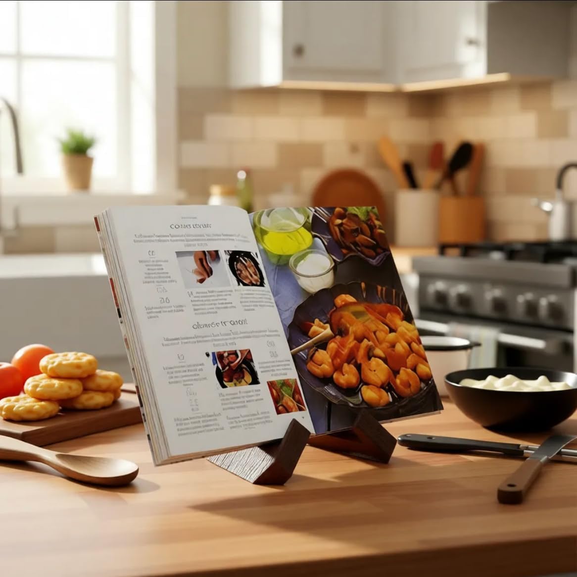 Wooden Cookbook Stand for Kitchen Counter, Rustic Brown Recipe Book Holder, Multifunctional Display Stand for Cooking & Decor
