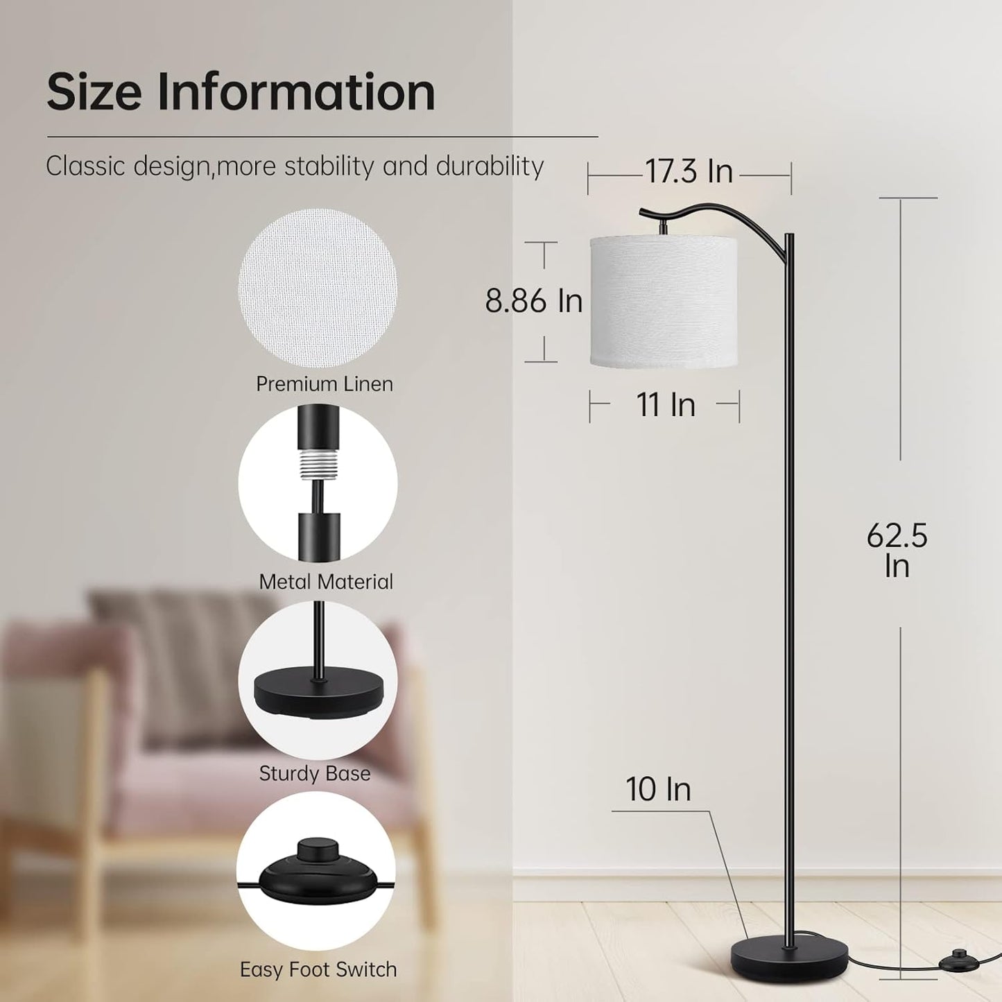 BoostArea Modern LED Arched Floor Lamp with Natural Linen Shade, 3 Brightness Levels, E26 Socket, Footswitch, 63-inch Tall, White