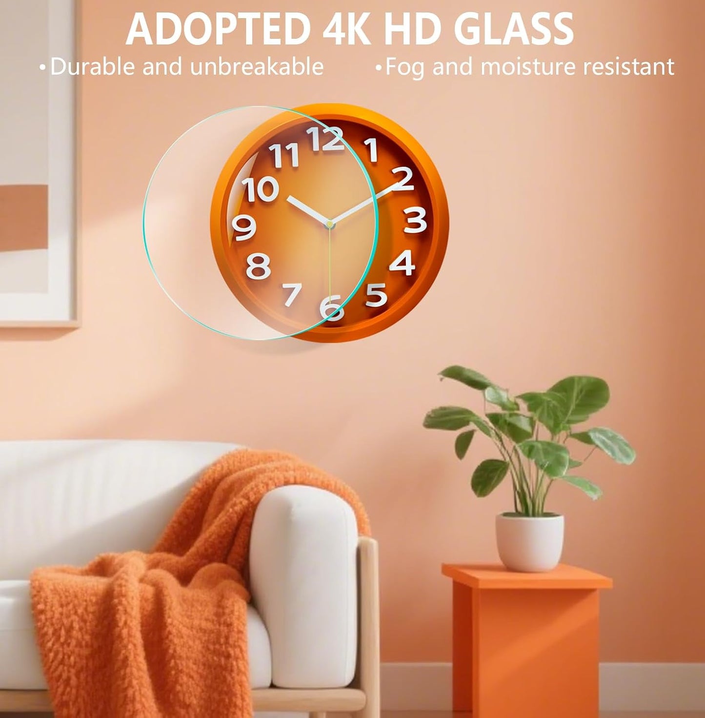 Wall Clocks Battery Operated - 11 Inch Silent Non Ticking 3D Numbers Easy Read Analog Clock with 2 Hooks Premium HD Glass Clocks for Living Room Bedroom Kitchen Gym Outdoor Decor, Orange