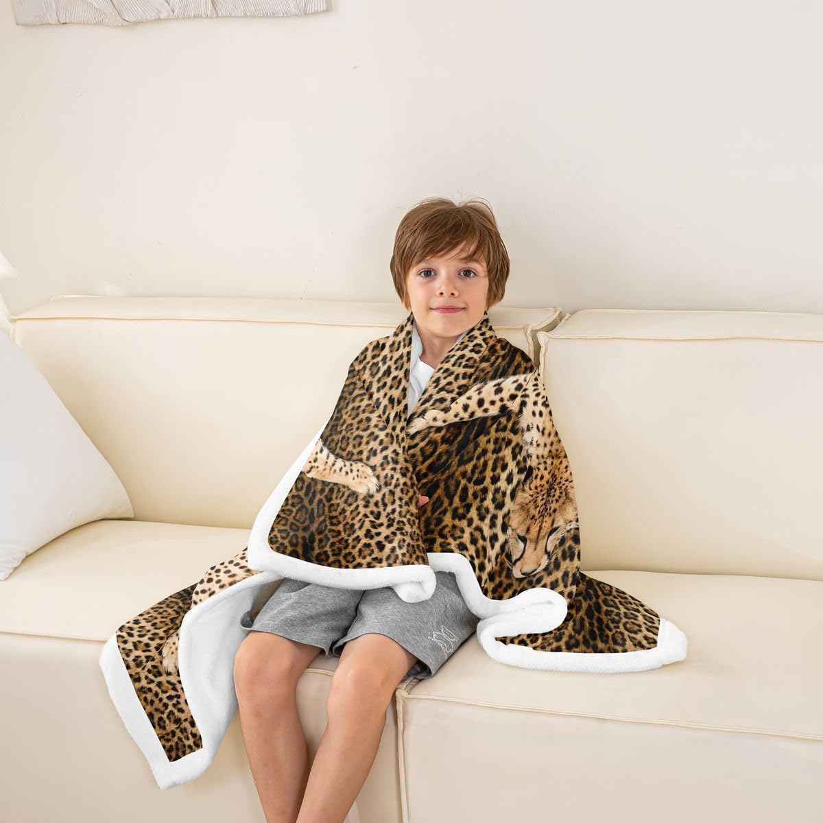 Feelyou Leopard Print Sherpa Throw Blanket for Couch Bronze Super Soft Cozy Fleece Animal Blanket for Winter, Plush Throw Luxury Throw 50"x60" Safari All Season