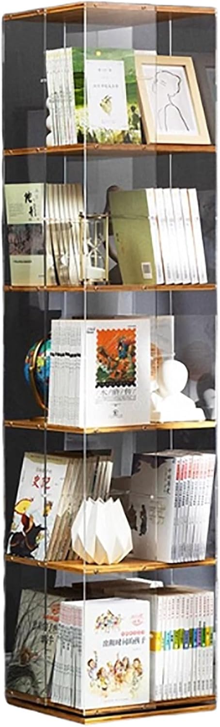 360° Rotating Bookshelf, Spinning Bookcase with Clear Acrylic & Solid Wood, 5-Tier Modern Storage Organizer for Kids' Playroom & Bedroom, Stylish Book Storage Solution