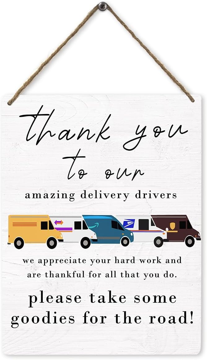 Mtrgdn Delivery Driver Snack Sign,Thank You To Our Amazing Delivery Driver Wood Hanging Sign for Package Drop-Off, Free Snacks Front Door,8x10 Inch