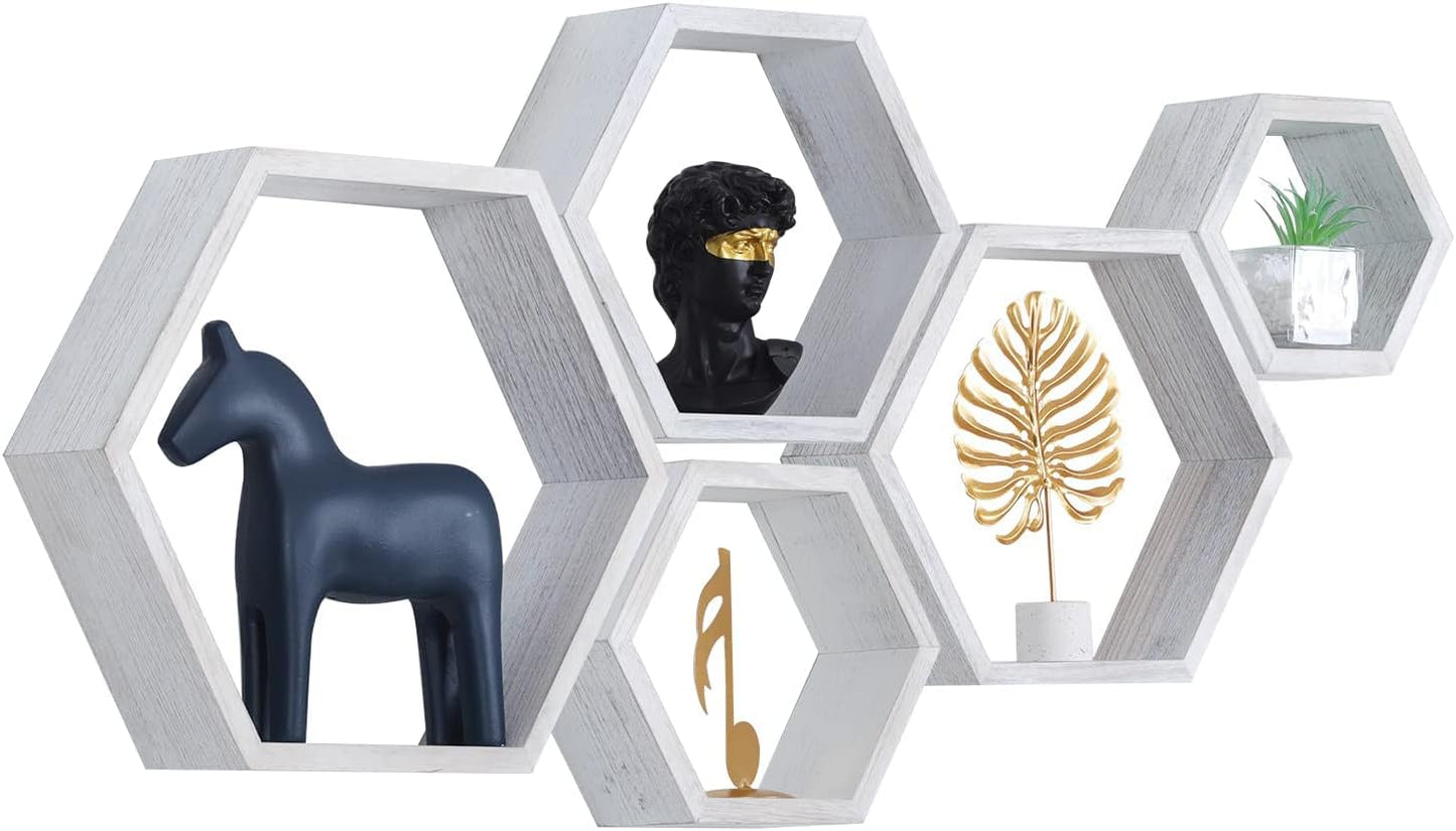PHOENANCEE Hexagon Floating Shelves,Wall Mounted Wood Farmhouse Storage Honeycomb Wall Shelf Set of 5,for Bathroom, Kitchen, Bedroom, Living Room,Office,Driftwood Finish (Weathered White)