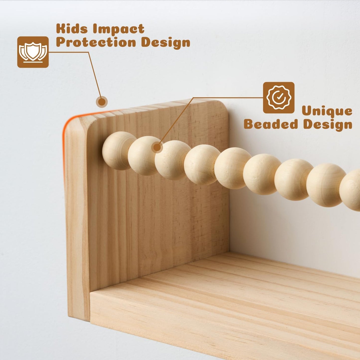 32 Inch Floating Shelf with Wooden Bead Design - Solid Pine Wall Mounted Bookshelf, Child-Safe Nursery Storage for Kids Room Decor, Set of 3