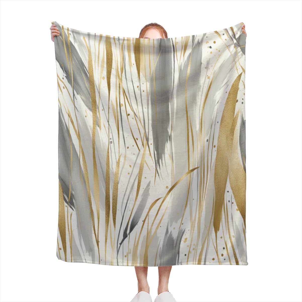 Decorative Throw Blanket for Couch Sofa Bed 50x60 – Soft Flannel Blanket Bedroom Living Room Watercolor Paint Strokes Pattern Abstract Gold Beige and Gray Print Design