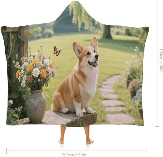 Corgi Floral Flowers Wearable Hoodie Blanket for Women Men Fleece Blanket with Hood Oversized Warm Cozy Gifts